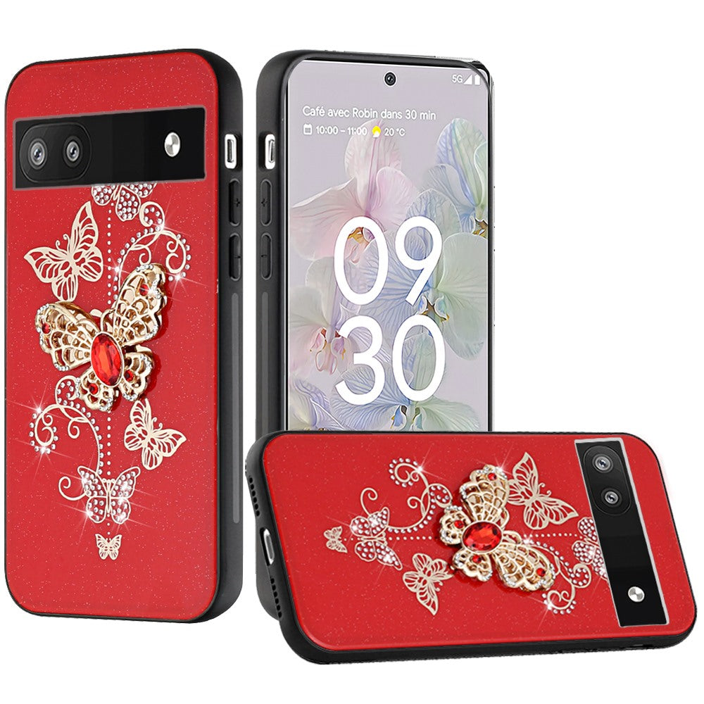 For Google Pixel 6A Diamonds Bling Sparkly Glitter 3D Ornaments Engraving Hybrid with Ring Stand Holder Fashion Phone Case Cover