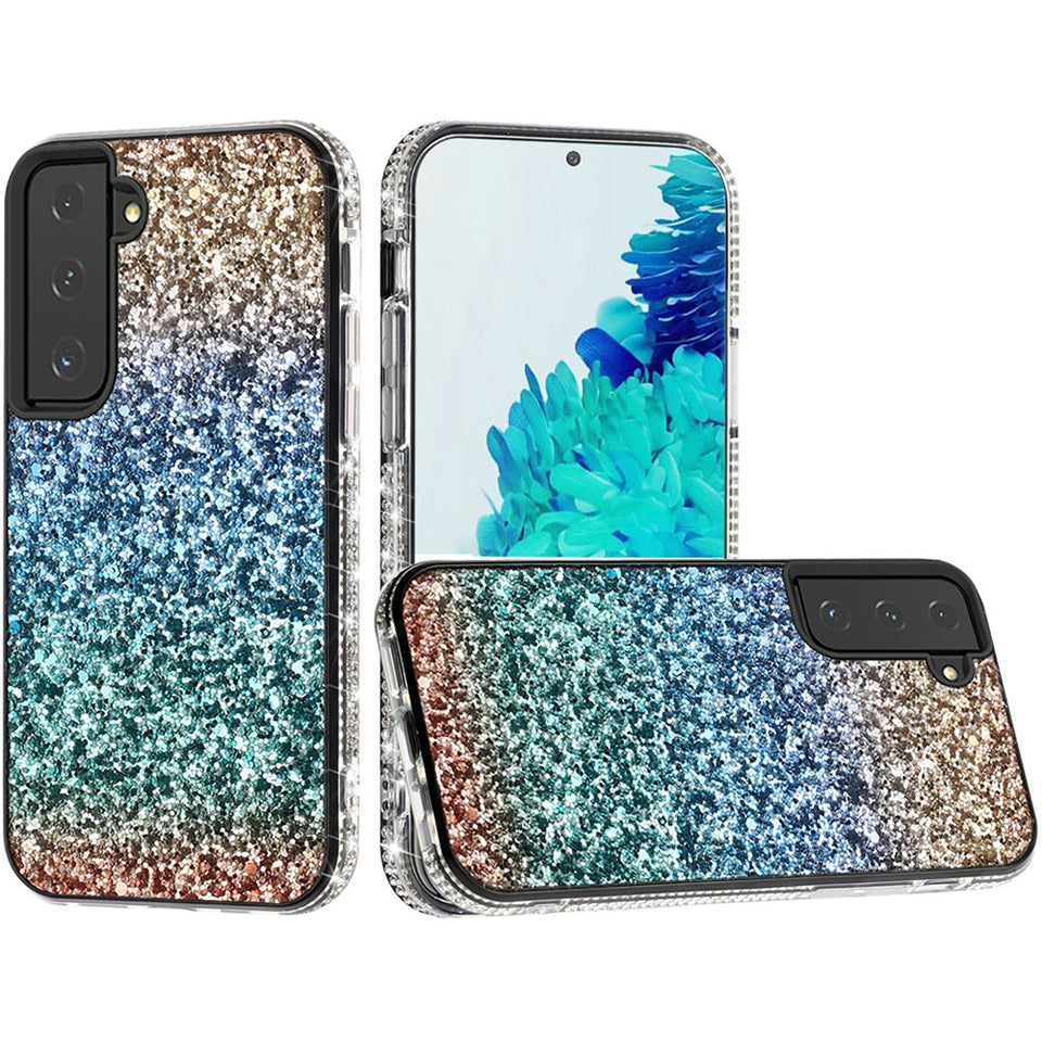 For Samsung Galaxy A22 5G Rhinestone Sparkling Rainbow Gradual Glitter Full Diamond Bling Protective Hybrid Rugged Slim TPU Phone Case Cover