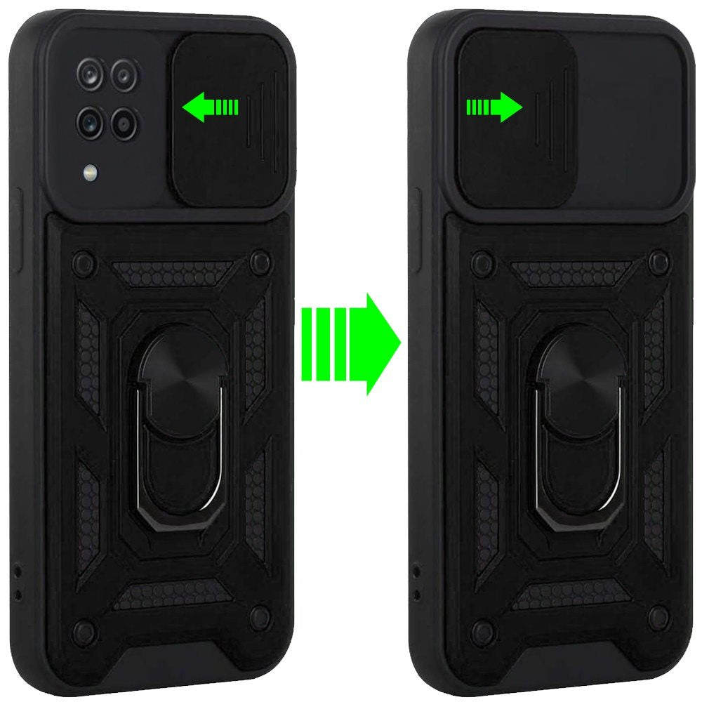 For Samsung Galaxy A12 5G Hybrid Cases with Slide Camera Lens Cover and Ring Holder Kickstand Rugged Dual Layer Heavy Duty Hard Phone Case Cover
