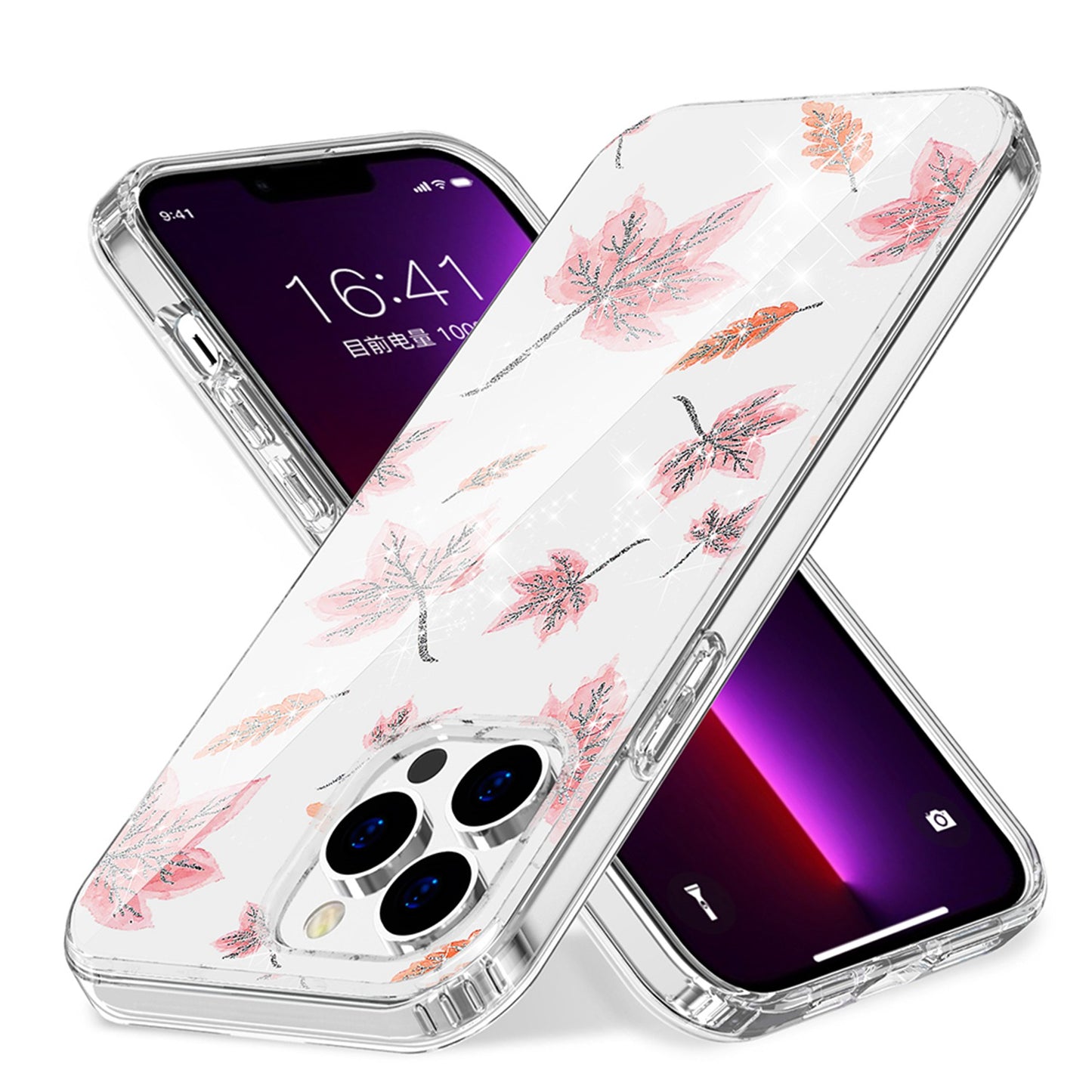 For Apple iPhone 14 (6.1") Beautiful Laser Clear Bling Glitter Design Pattern Hybrid Gummy Hard PC and TPU Phone Case Cover