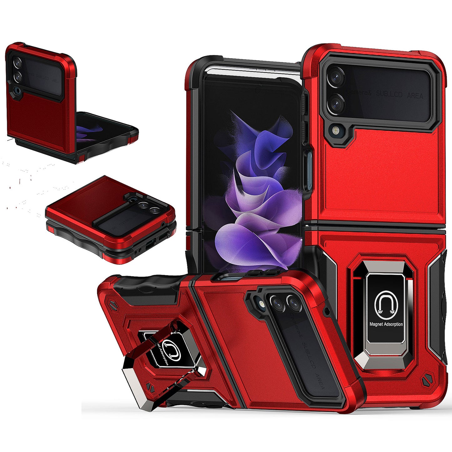 For Samsung Galaxy Z Flip 4 5G Hybrid Cases with Magnetic Ring Holder Kickstand Heavy Duty Rugged Silicone Shockproof Phone Case Cover