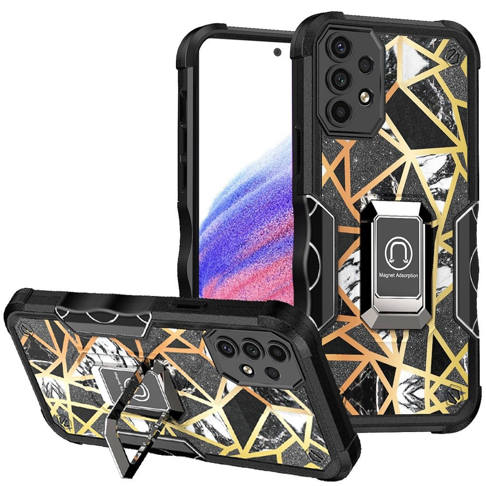 For Samsung Galaxy A53 5G Marble IMD Stone Design Hybrid Armor with Magnetic Ring Stand Kickstand Heavy Duty Rugged Shockproof Phone Case Cover