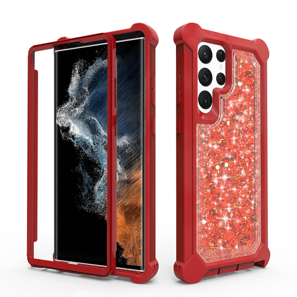 For Samsung Galaxy S22+ Plus Luxury Liquid Glitter 3in1 Sparkle Bling Quicksand Clear Heavy Duty Bumper PC Frame TPU Back Phone Case Cover