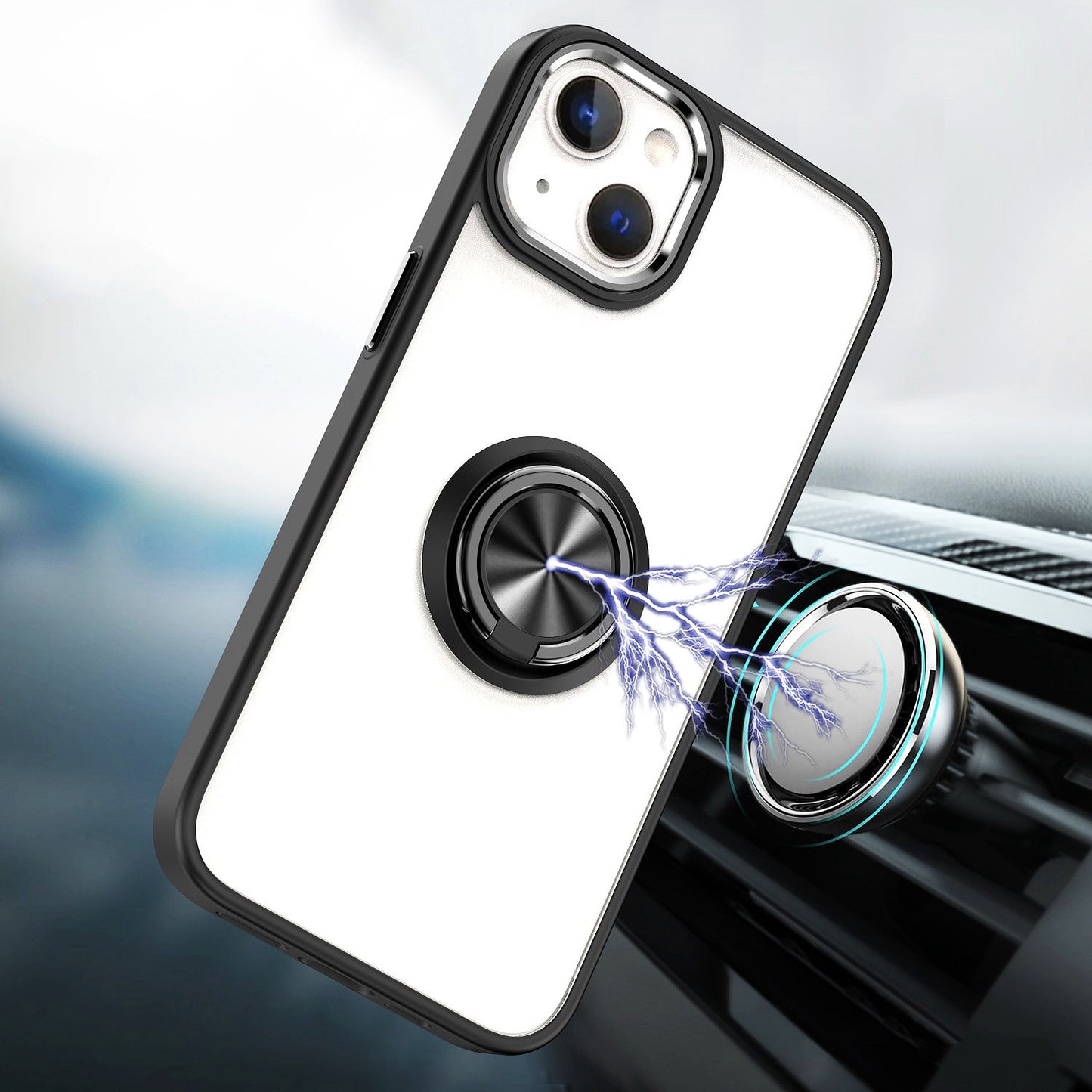 For Apple iPhone 13 Pro Max (6.7") Slim Transparent Shockproof Hybrid Chromed with Magnetic Ring Stand Holder Phone Case Cover