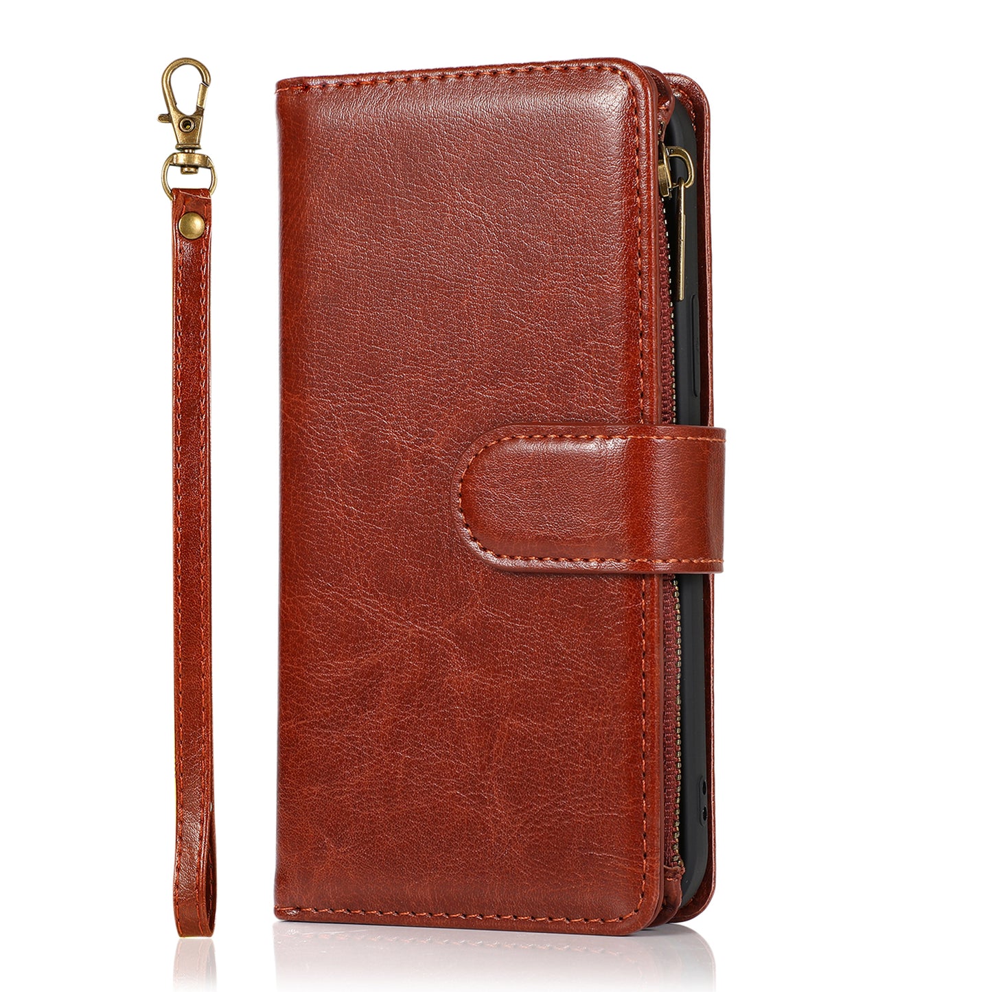 For OnePlus 10T 5G PU Leather Zipper Wallet Case 9 Credit Card Slots Cash Money Pocket Clutch Pouch Stand & Strap Brown Phone Case Cover
