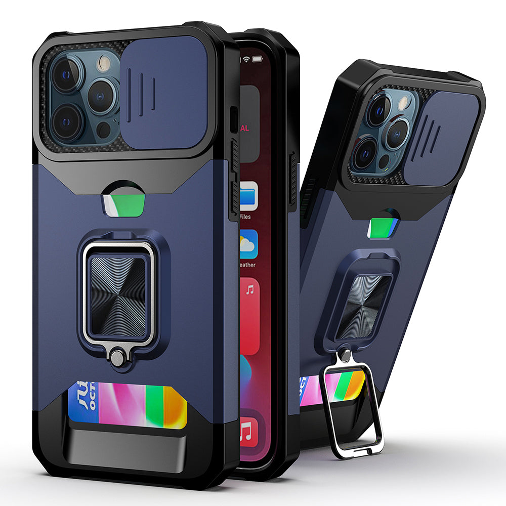 For Apple iPhone 13 Pro Max (6.7") Wallet Case with Ring Stand & Slide Camera Cover Credit Card Slot Holder, Military Grade Blue Phone Case Cover