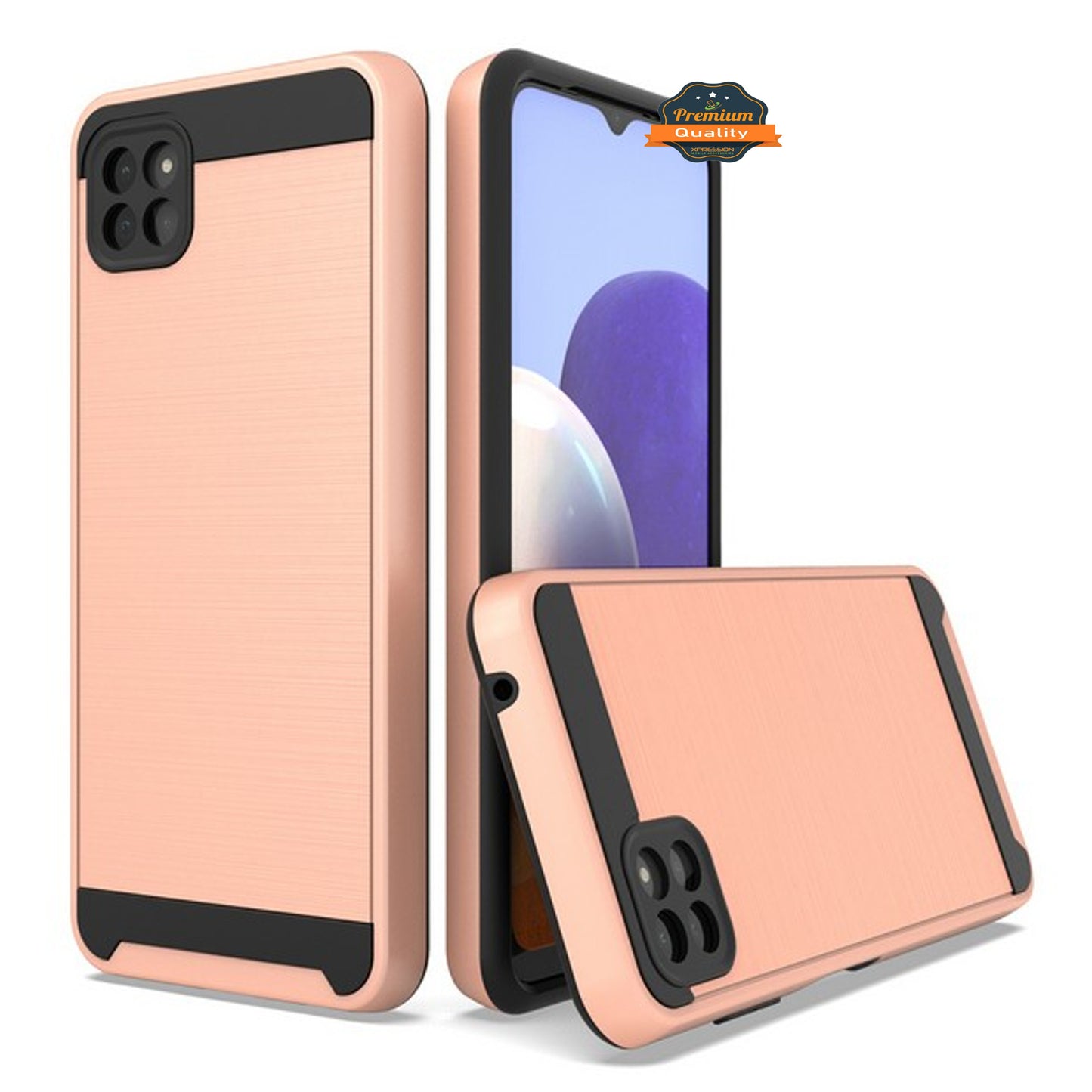 For Samsung Galaxy A22 5G Slim Rugged TPU + Hard PC Brushed Metal Texture Hybrid Dual Layer Defender Armor Shock Absorbing Phone Case Cover