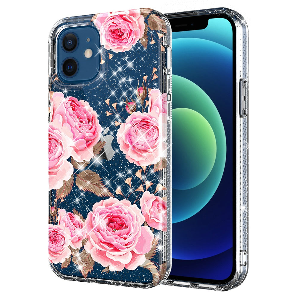 For Apple iPhone 11 /11 Pro Max Slim Hybrid Shiny Glitter Clear Floral Pattern Bloom Flower Design TPU Gel Hard PC Back Phone Case Cover