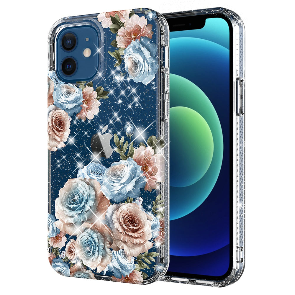 For Apple iPhone 11 /11 Pro Max Slim Hybrid Shiny Glitter Clear Floral Pattern Bloom Flower Design TPU Gel Hard PC Back Phone Case Cover