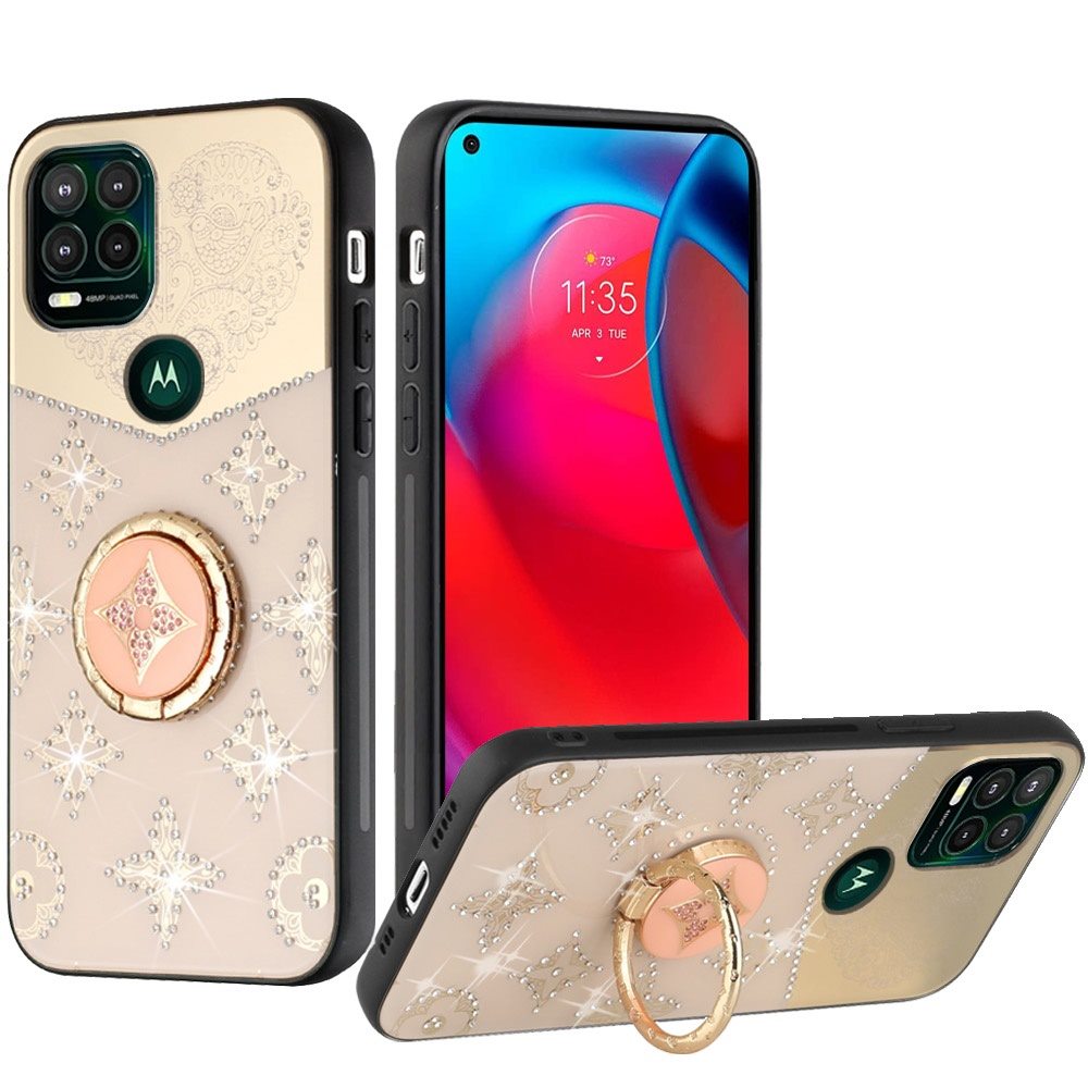 For Apple iPhone 13 Pro (6.1") Diamond Bling Sparkly Glitter Ornaments Engraving Hybrid Armor with Ring Stand Holder Rugged Fashion Phone Case Cover