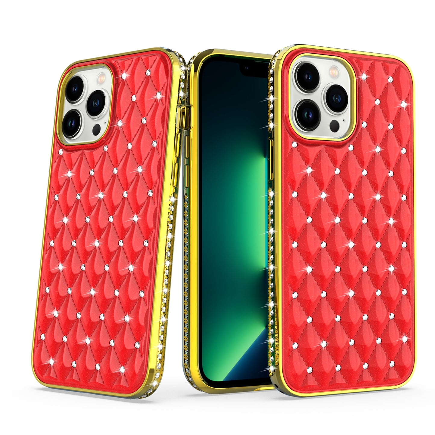 For Apple iPhone 13 Pro Max (6.7") Luxury Chrome Diamonds Rhinestone Thick Shiny Bling Protective Rubber Frame Phone Case Cover