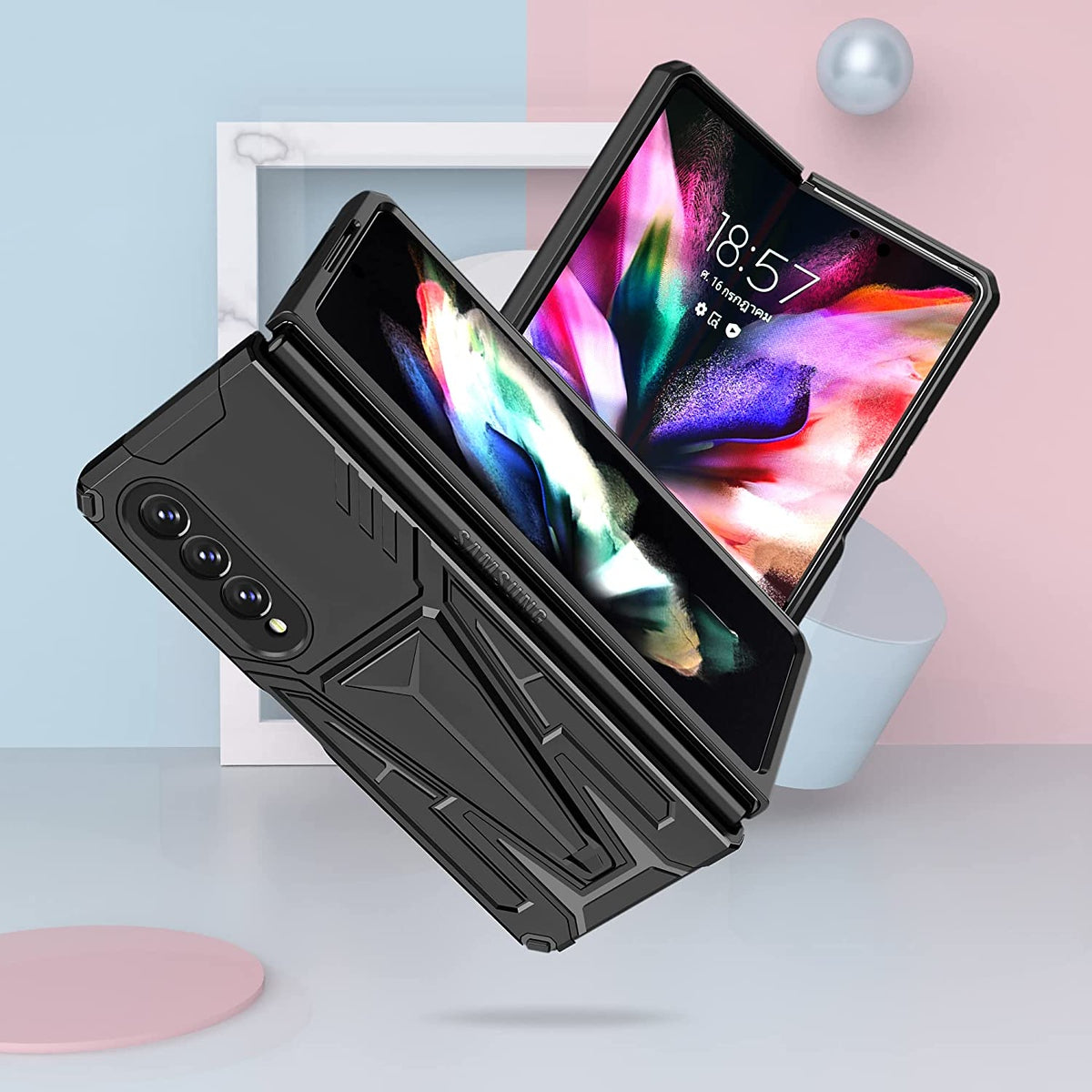 For Samsung Galaxy Z Fold 4 5G Hybrid Armor Rugged with Kickstand, Supports Magnetic Car Mount Dual Layer Hard PC Phone Case Cover
