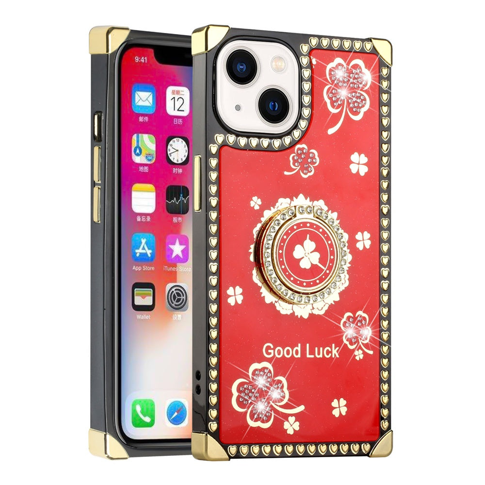 For Apple iPhone 11 (6.1") Fashion Art Square Hearts Diamond Bling Sparkly Glitter Ornaments with Ring Stand Phone Case Cover