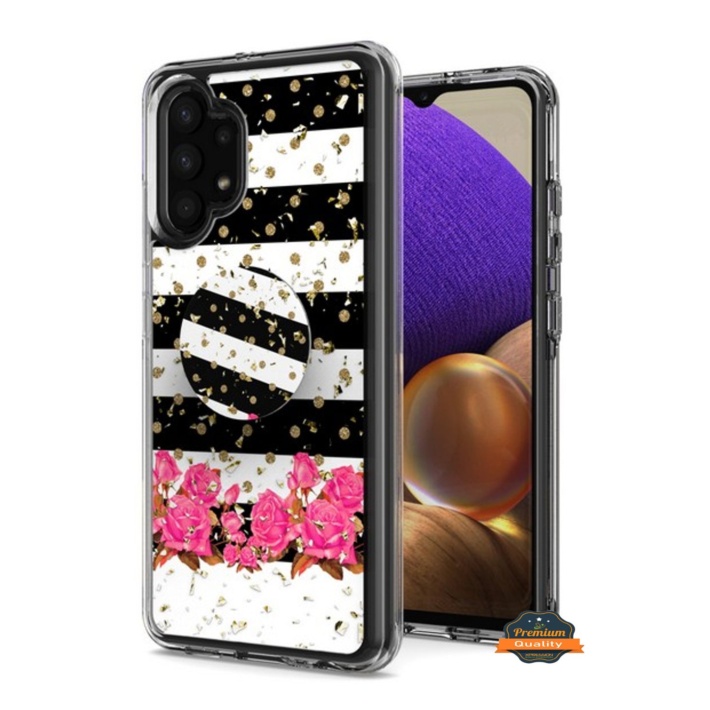 For Samsung Galaxy A32 5G Elegant Pattern Design Bling Glitter Hybrid Cases with Ring Stand Pop Up Finger Holder Kickstand Phone Case Cover