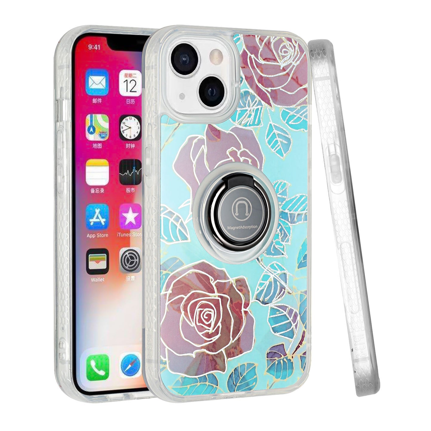 For Apple iPhone 11 (6.1") Flower Pattern IMD Design with Ring Kickstand Hybrid TPU Hard Back Shockproof Phone Case Cover