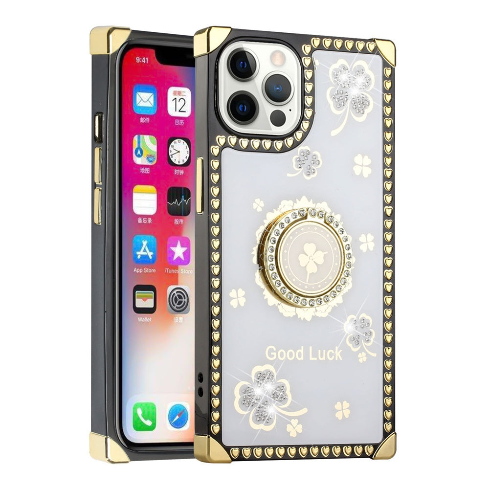 For Apple iPhone 11 (6.1") Fashion Art Square Hearts Diamond Bling Sparkly Glitter Ornaments with Ring Stand Phone Case Cover