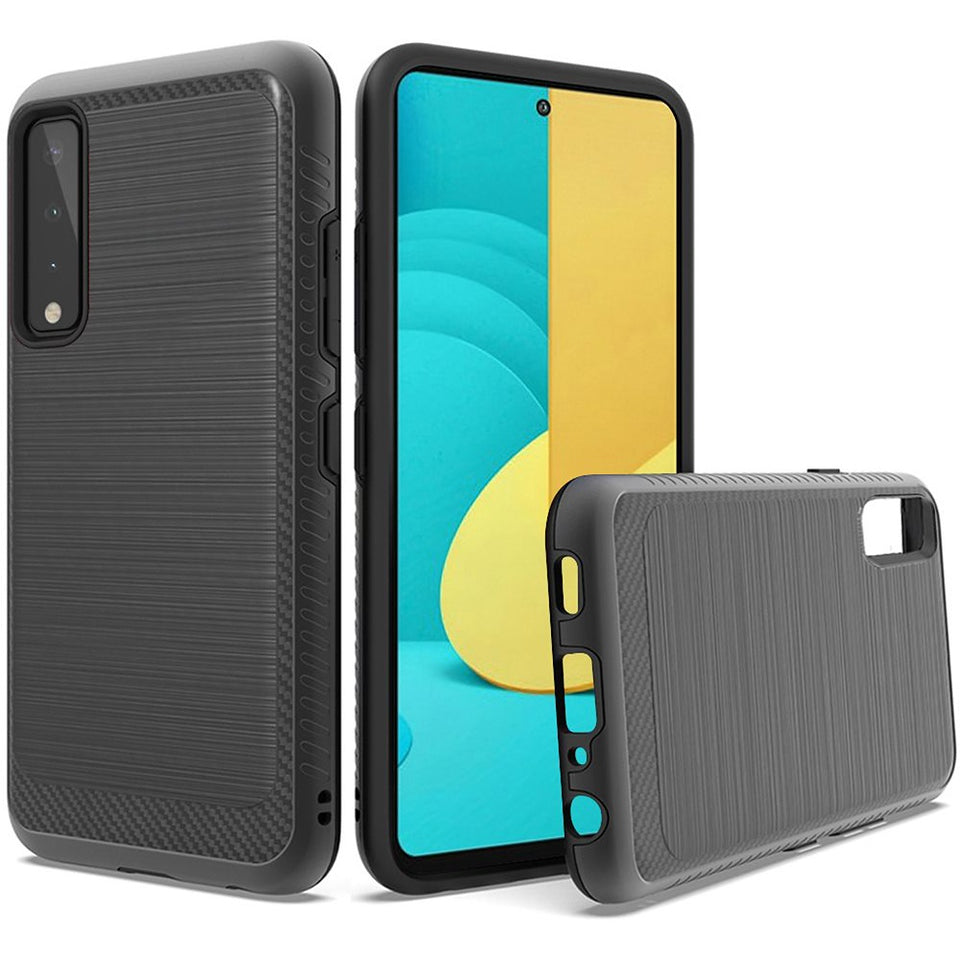 For Samsung Galaxy A02S Slim Thin Protective Hybrid TPU 2-Piece Bumper Shockproof with Brushed Metal Texture Carbon Fiber Hard PC Back Phone Case Cover