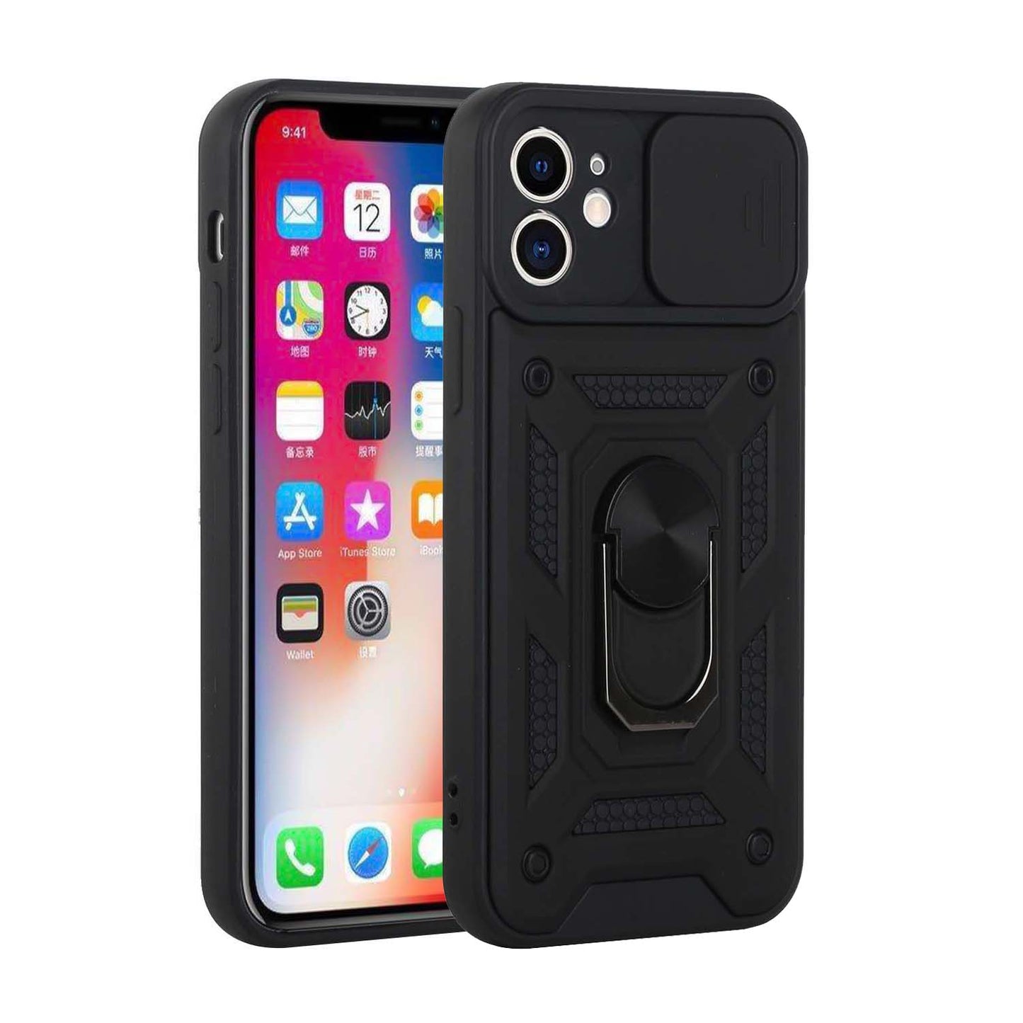 For Apple iPhone 13 Pro (6.1") Hybrid Cases with Slide Camera Lens Cover and Ring Holder Kickstand Rugged Dual Layer Heavy Duty Hard Phone Case Cover