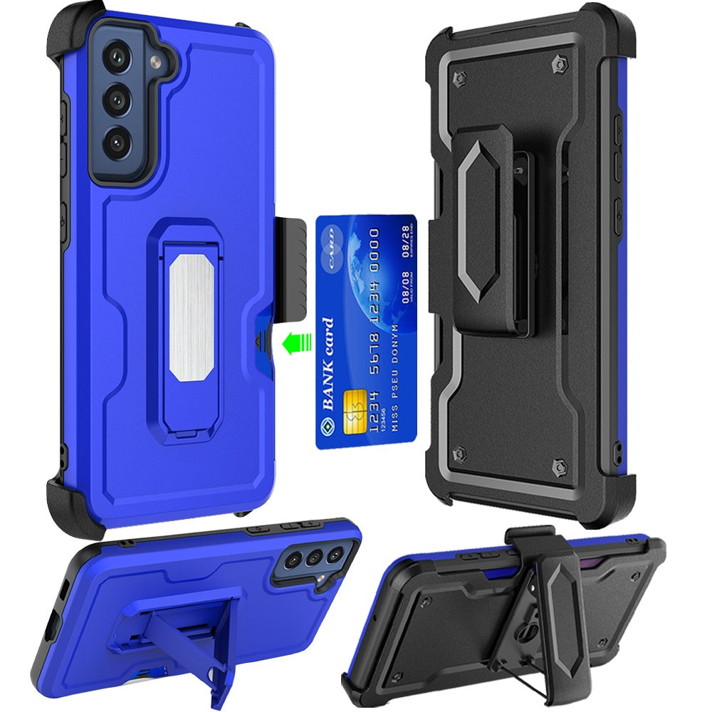 For Samsung Galaxy S22 Armor Belt Clip with Credit Card Holder, Holster, Kickstand Protective Full Body Heavy Duty Hybrid Phone Case Cover
