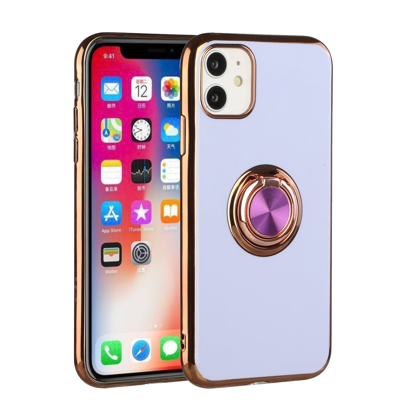 For Apple iPhone 11 (6.1") Slim Hybrid Metal Finger Ring Stand Electroplated Edges TPU Frame Shock-Absorption Bumper Phone Case Cover