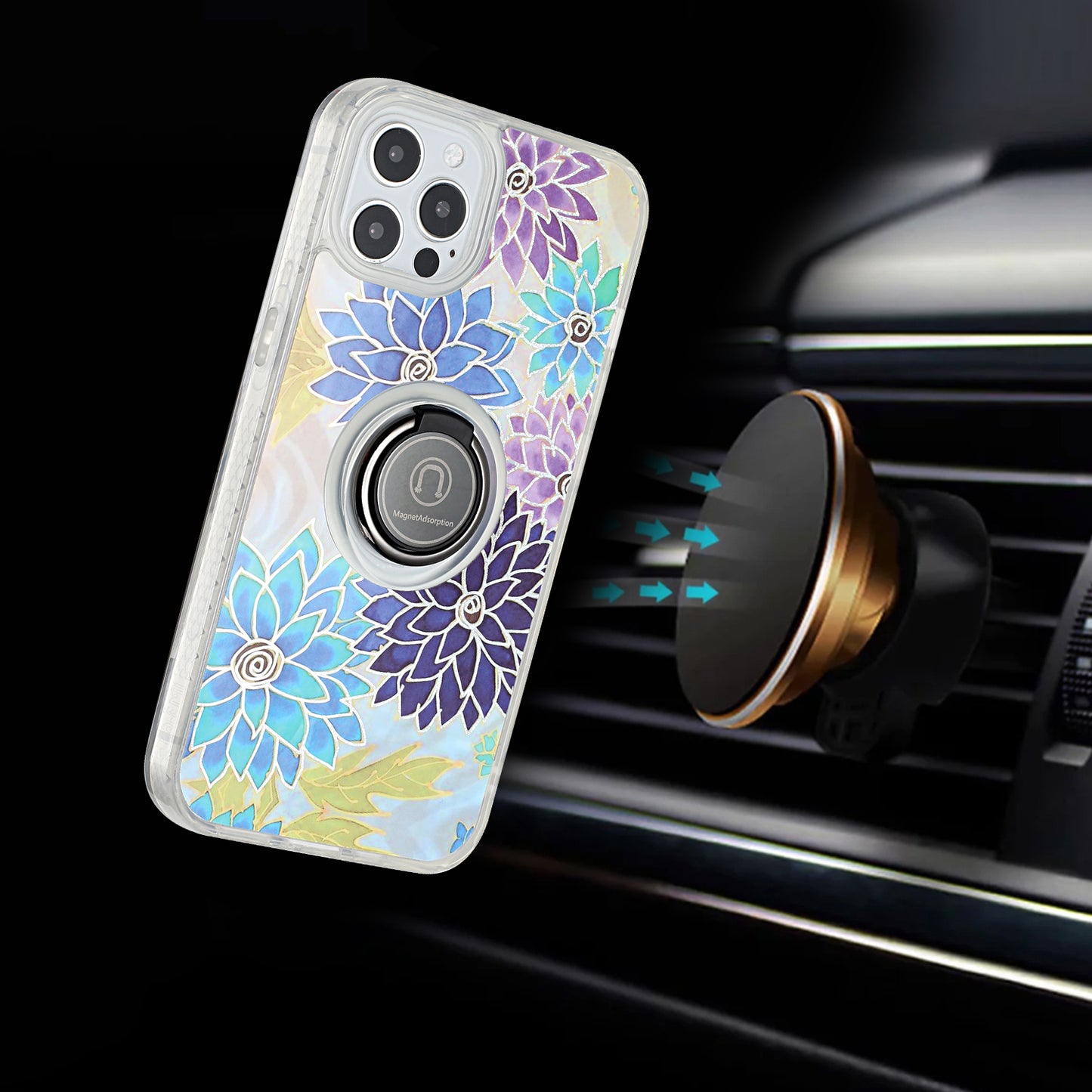 For Apple iPhone 11 (6.1") Flower Pattern IMD Design with Ring Kickstand Hybrid TPU Hard Back Shockproof Phone Case Cover