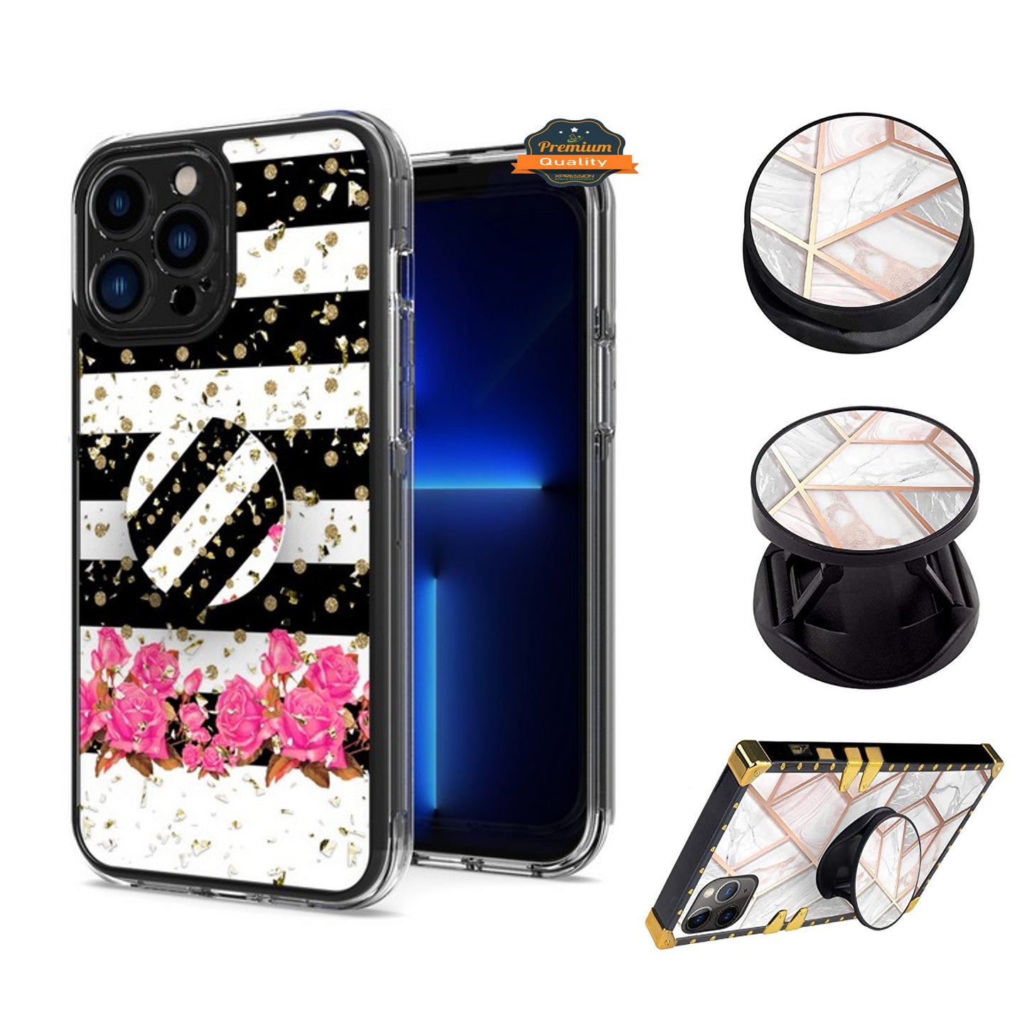 For Samsung Galaxy A13 5G Elegant Pattern Design Bling Glitter Hybrid Cases with Ring Stand Pop Up Finger Holder Kickstand Phone Case Cover