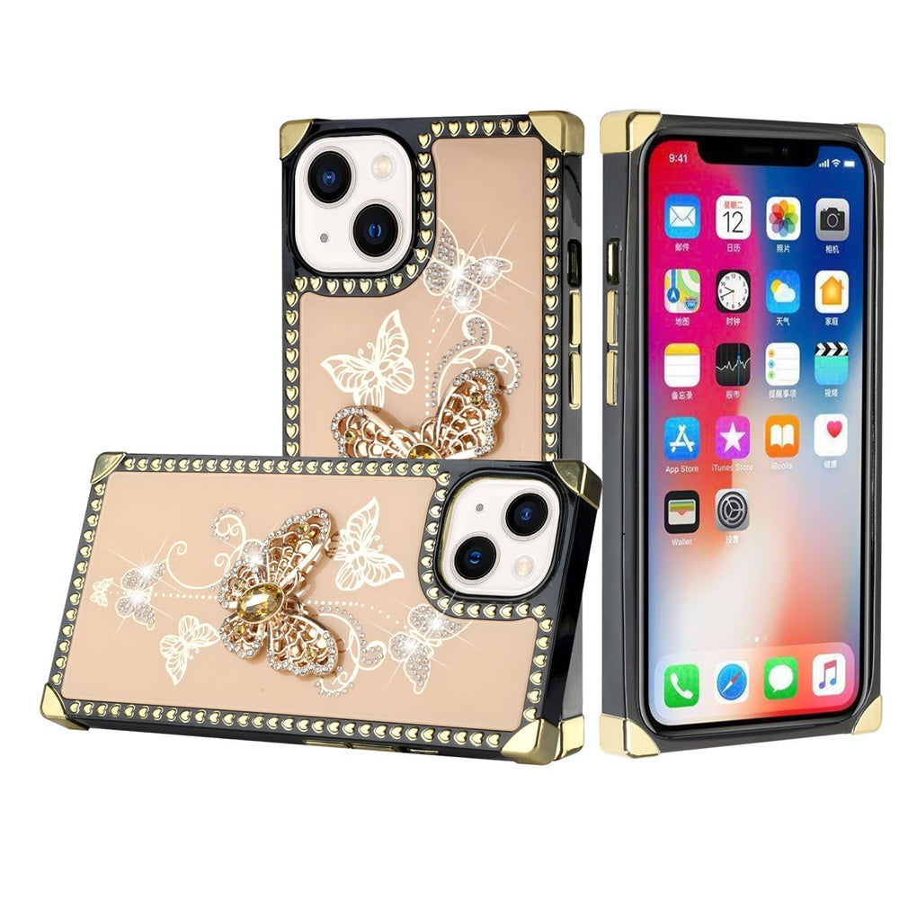 For Apple iPhone 12 /12 Pro (6.1") Fashion 3D Butterfly Square Hearts Diamonds Bling Sparkly Ornaments Phone Case Cover