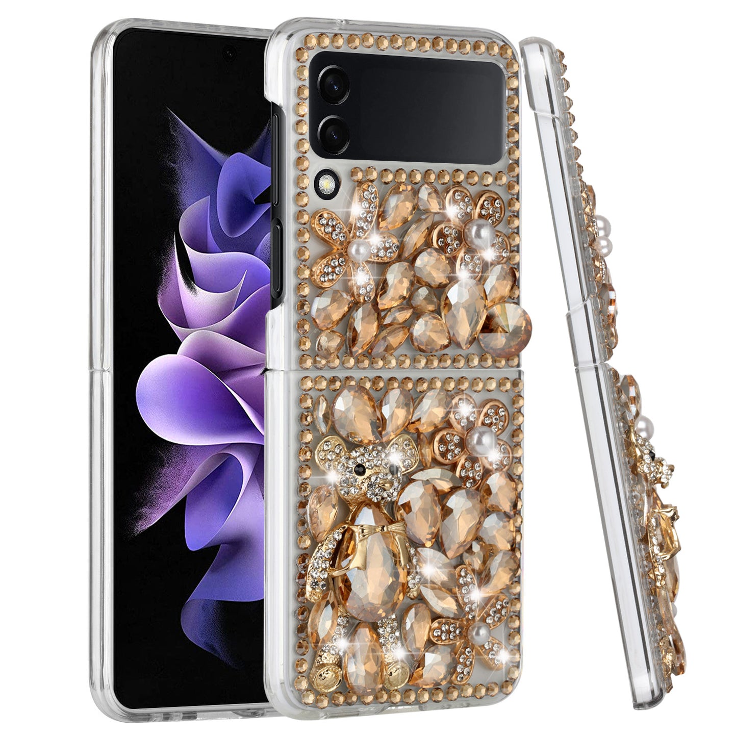 For Samsung Galaxy Z Flip 3 5G Bling Clear Crystal 3D Full Diamonds Luxury Sparkle Transparent Rhinestone Hybrid Phone Case Cover