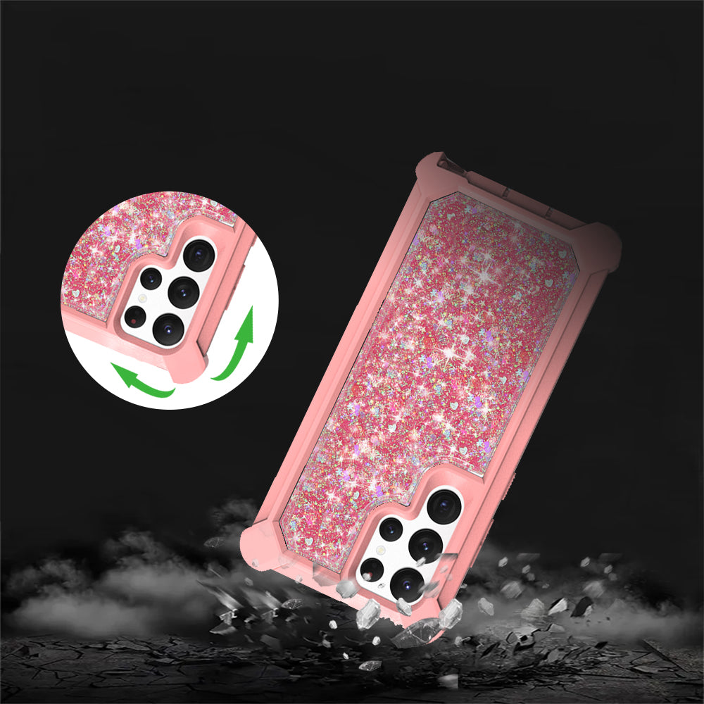 For Samsung Galaxy S22+ Plus Luxury Liquid Glitter 3in1 Sparkle Bling Quicksand Clear Heavy Duty Bumper PC Frame TPU Back Phone Case Cover