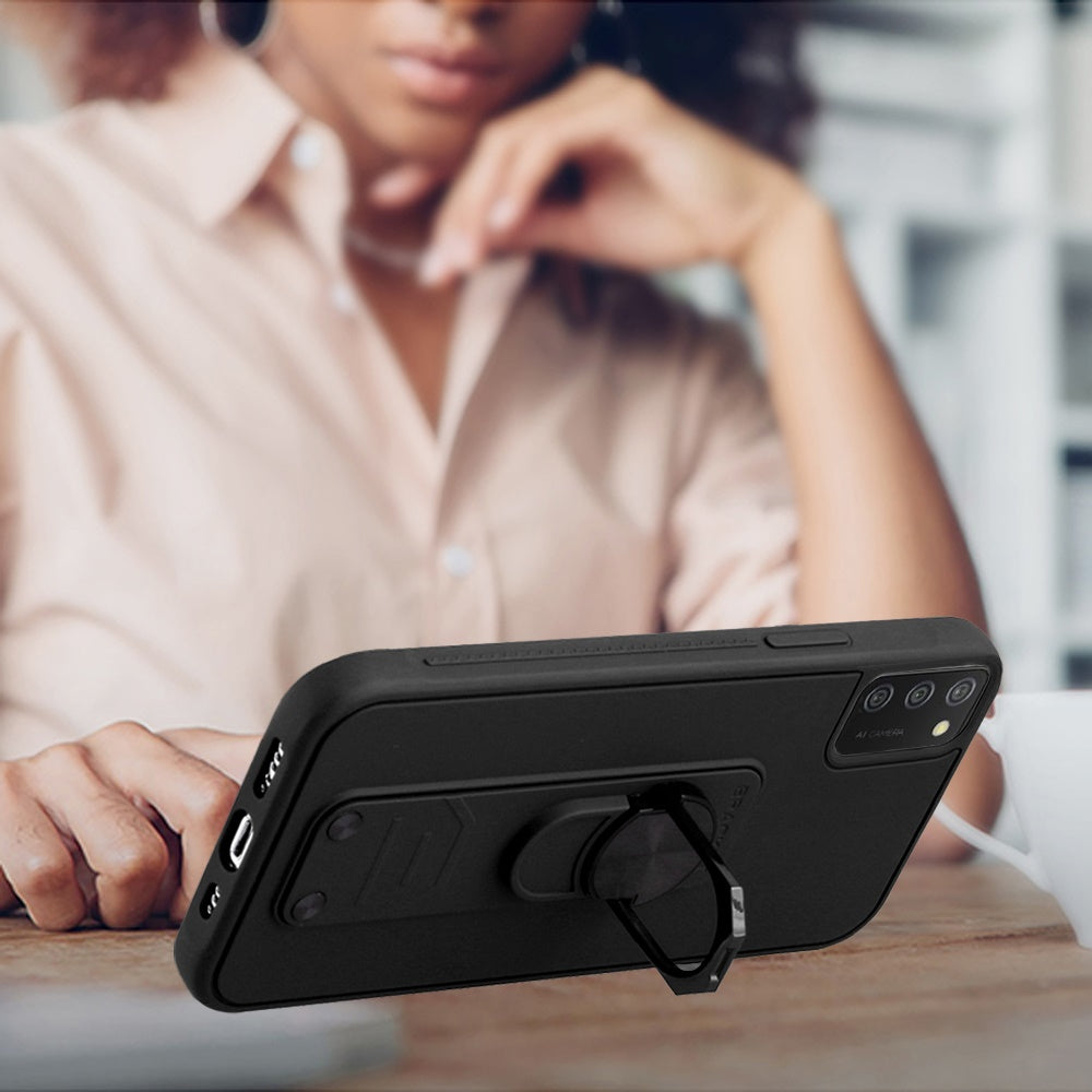 For Samsung Galaxy A02S Tuff Hybrid Solid Magnetic Ring Kickstand with Rotating Stand Heavy Duty PC + TPU Shockproof Phone Case Cover