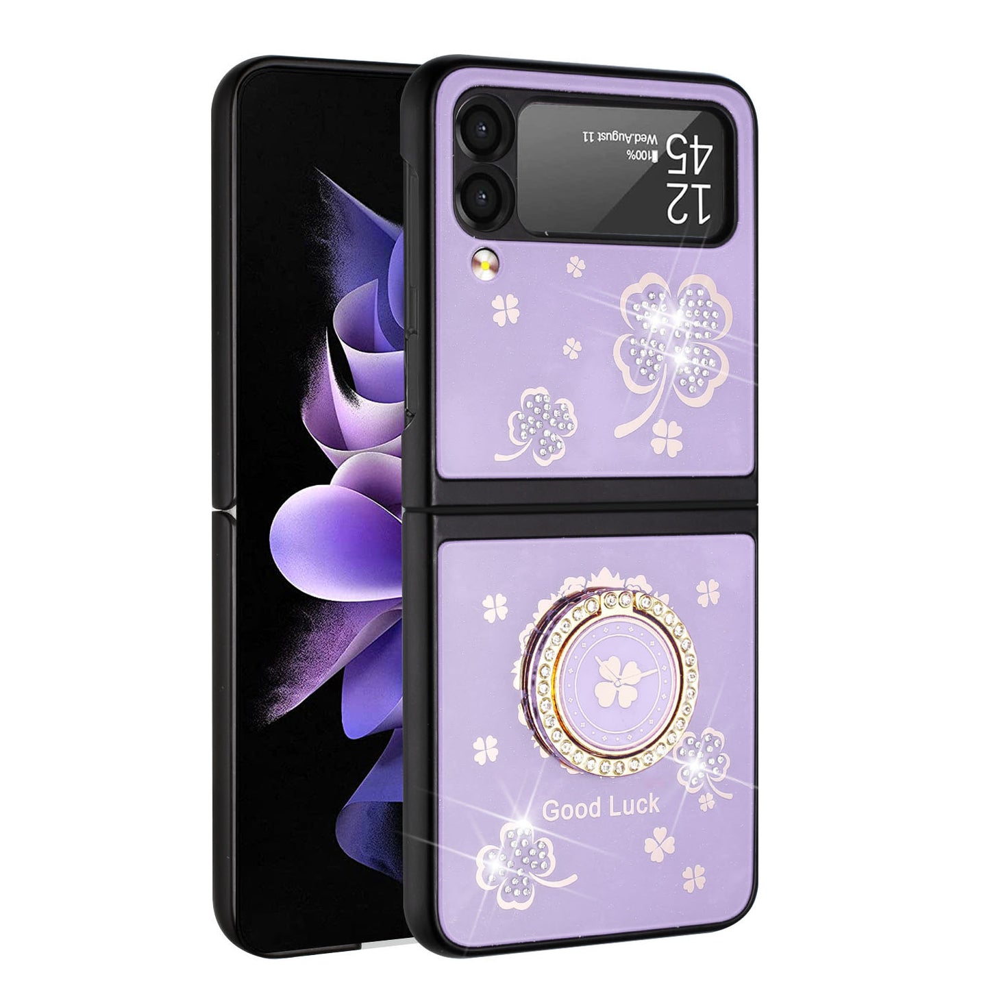 For Samsung Galaxy Z Flip 3 5G Diamond Bling Sparkly Glitter Ornaments Engraving Hybrid with Ring Stand Holder Fashion Phone Case Cover