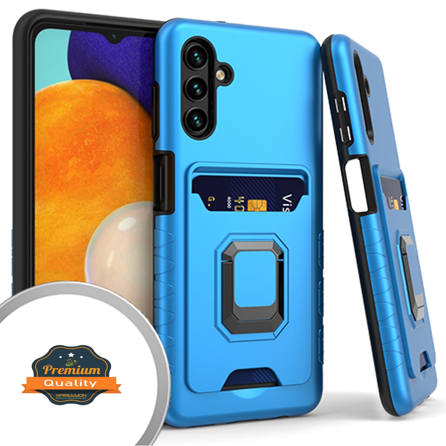 For Samsung Galaxy A13 5G Wallet Credit Card Slot Holder with Metal Ring Kickstand Heavy Duty Shockproof Hybrid Dual Layer Magnetic Stand Phone Case Cover