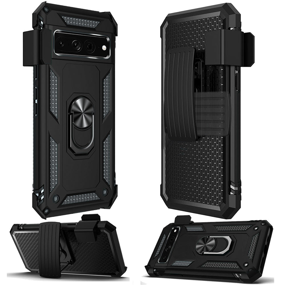 For Google Pixel 7 / Pixel 7 Pro Hybrid Armor with Belt Clip Holster Ring Stand Holder, Military Grade Fit Magnetic Car Mount Shockproof Phone Case Cover
