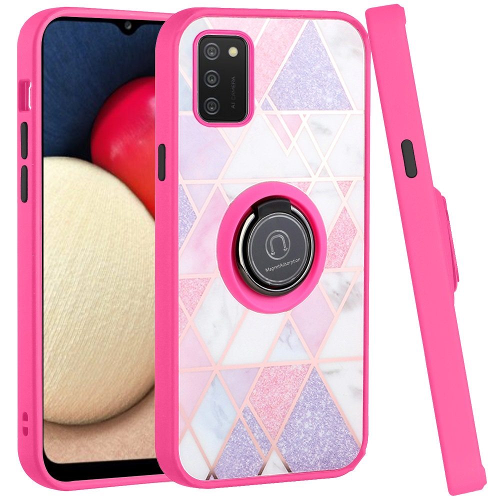 For Samsung Galaxy A02S Unique Marble Design with Magnetic Ring Kickstand Holder Hybrid TPU Hard PC Armor Shockproof Phone Case Cover