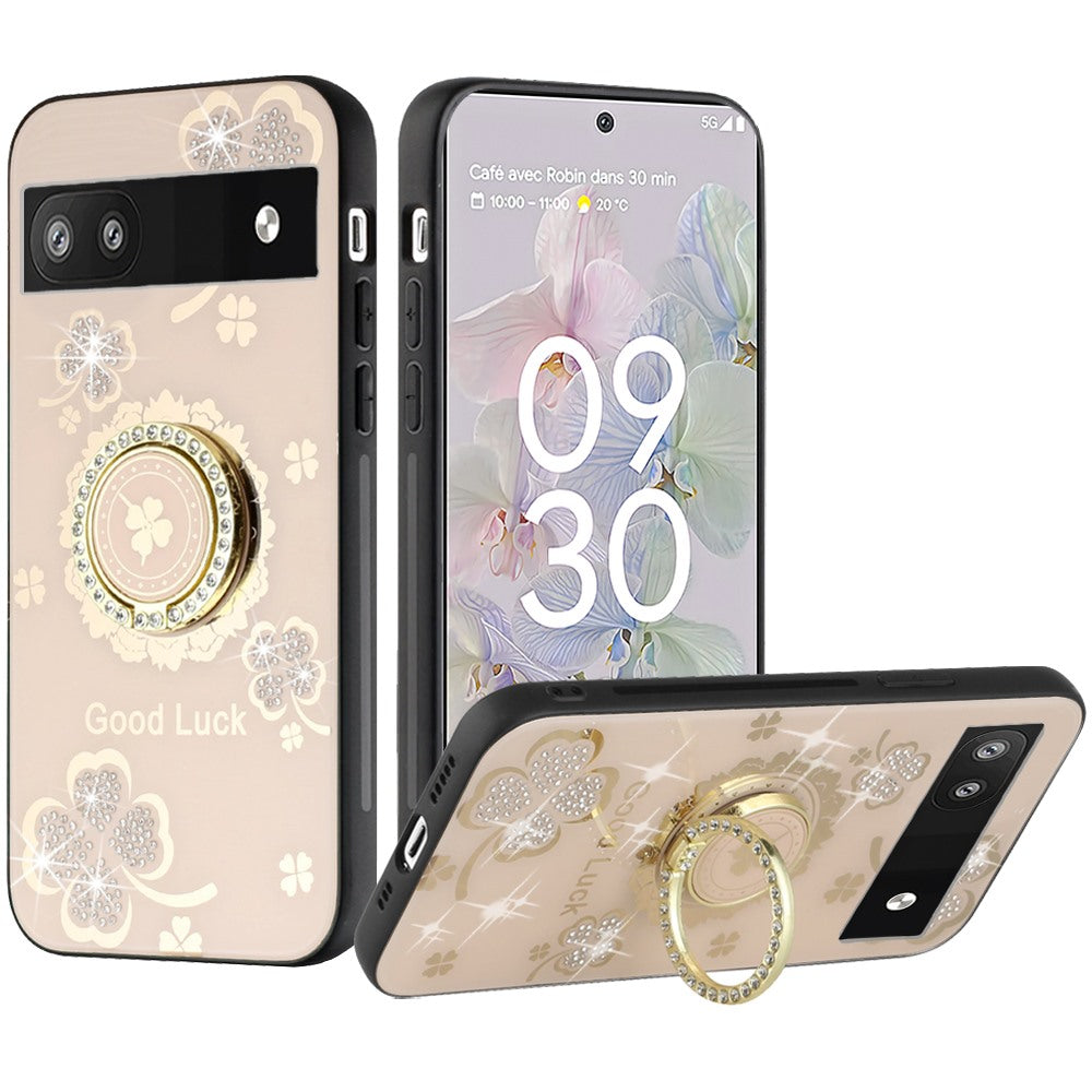 For Google Pixel 6A Diamonds Bling Sparkly Glitter 3D Ornaments Engraving Hybrid with Ring Stand Holder Fashion Phone Case Cover