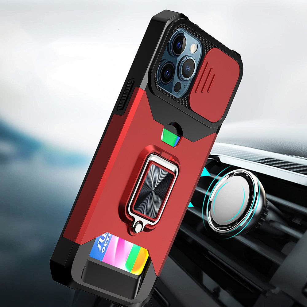 For Apple iPhone 13 Pro Max (6.7") Wallet Case with Ring Stand & Slide Camera Cover Credit Card Slot Holder, Military Grade Red Phone Case Cover