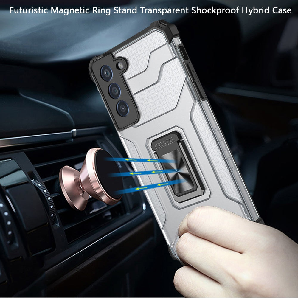 For Samsung Galaxy S21 FE /Fan Edition Transparent 360 Rotation Built-in Magnetic Ring Kickstand Holder Hybrid Rugged Armor Bumper Phone Case Cover