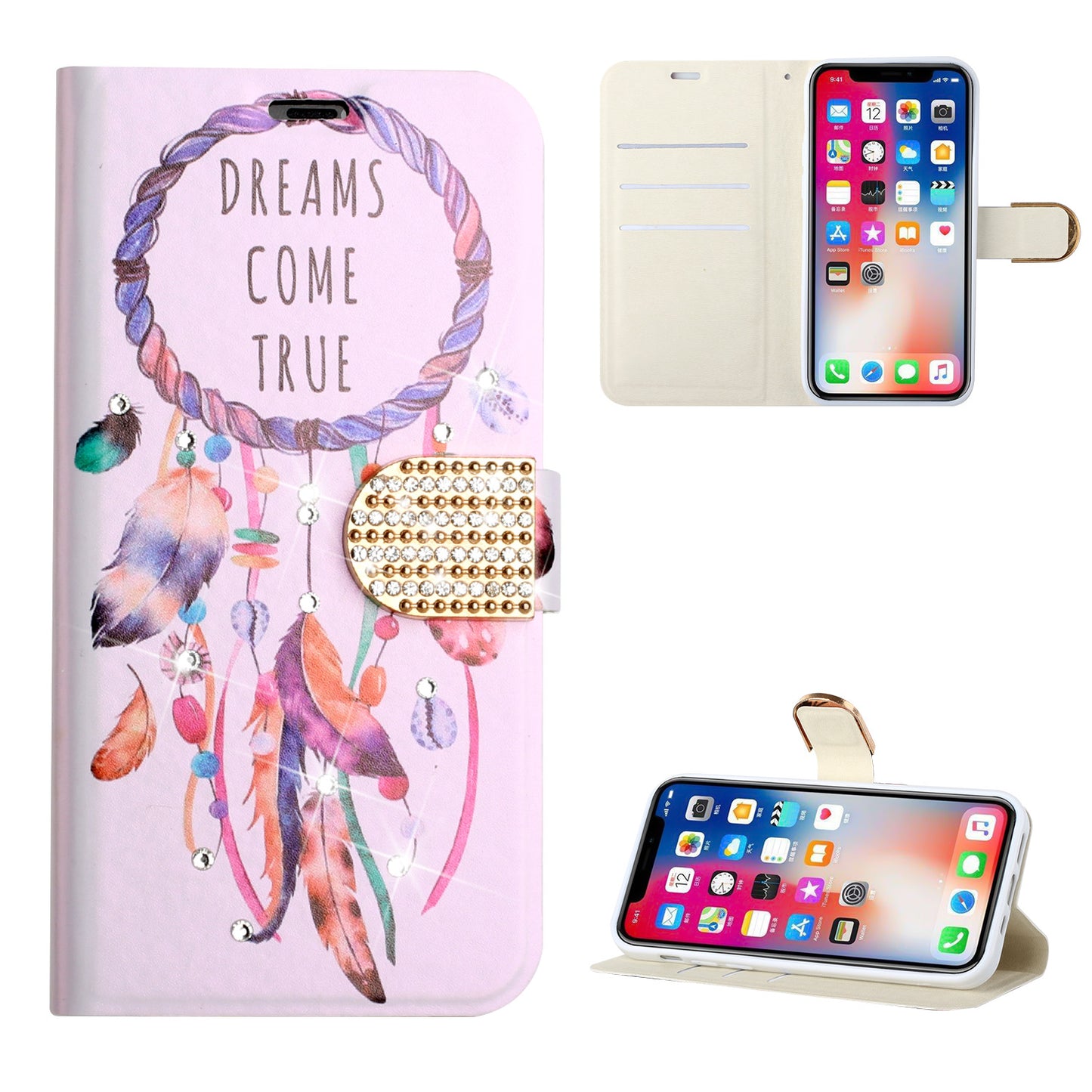 For Samsung Galaxy A02S Design Pattern PU Leather Wallet 3D Diamond Bling Buckle with Credit Card Slot & Stand Pouch Flip Phone Case Cover