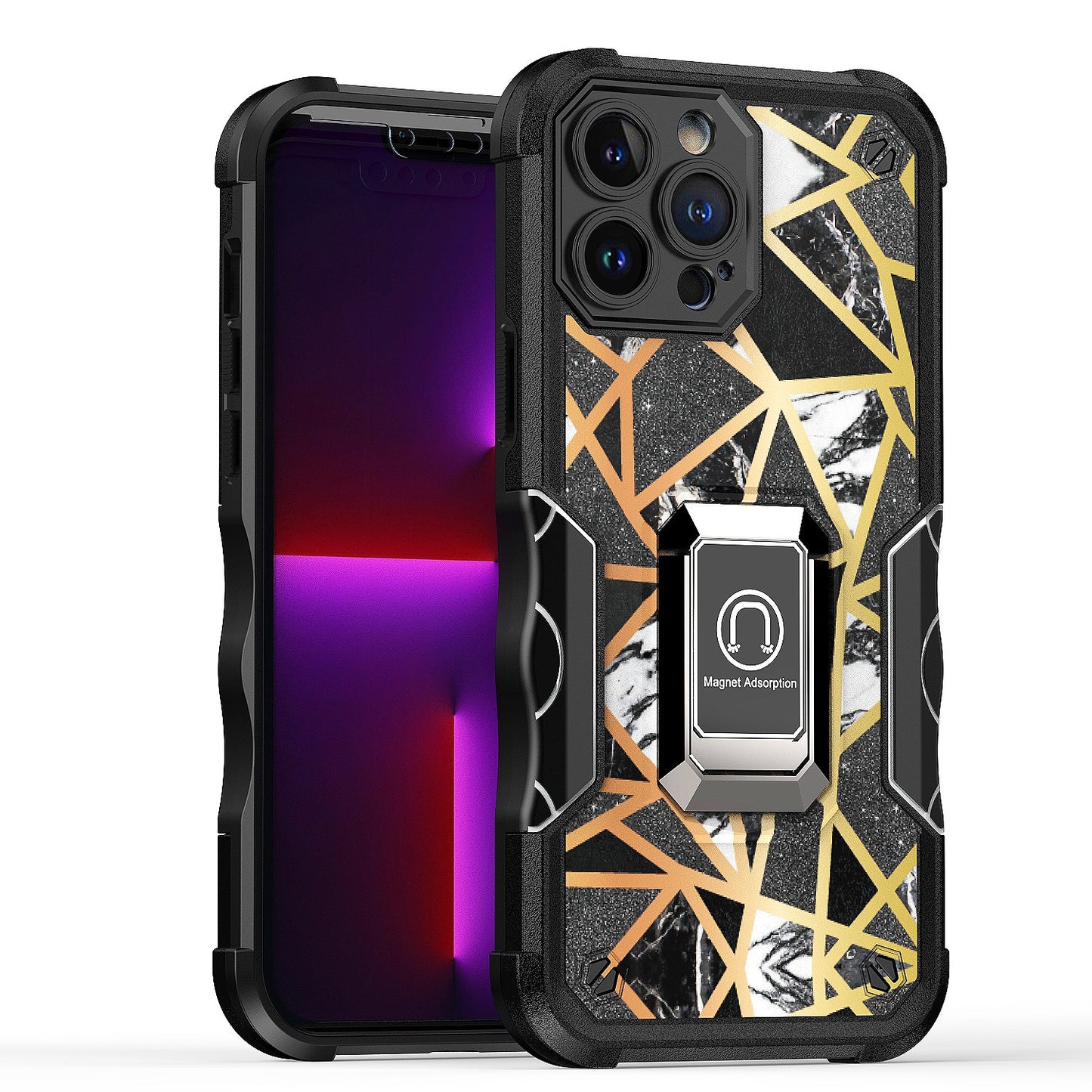For Samsung Galaxy A53 5G Marble IMD Stone Design Hybrid Armor with Magnetic Ring Stand Kickstand Heavy Duty Rugged Shockproof Phone Case Cover