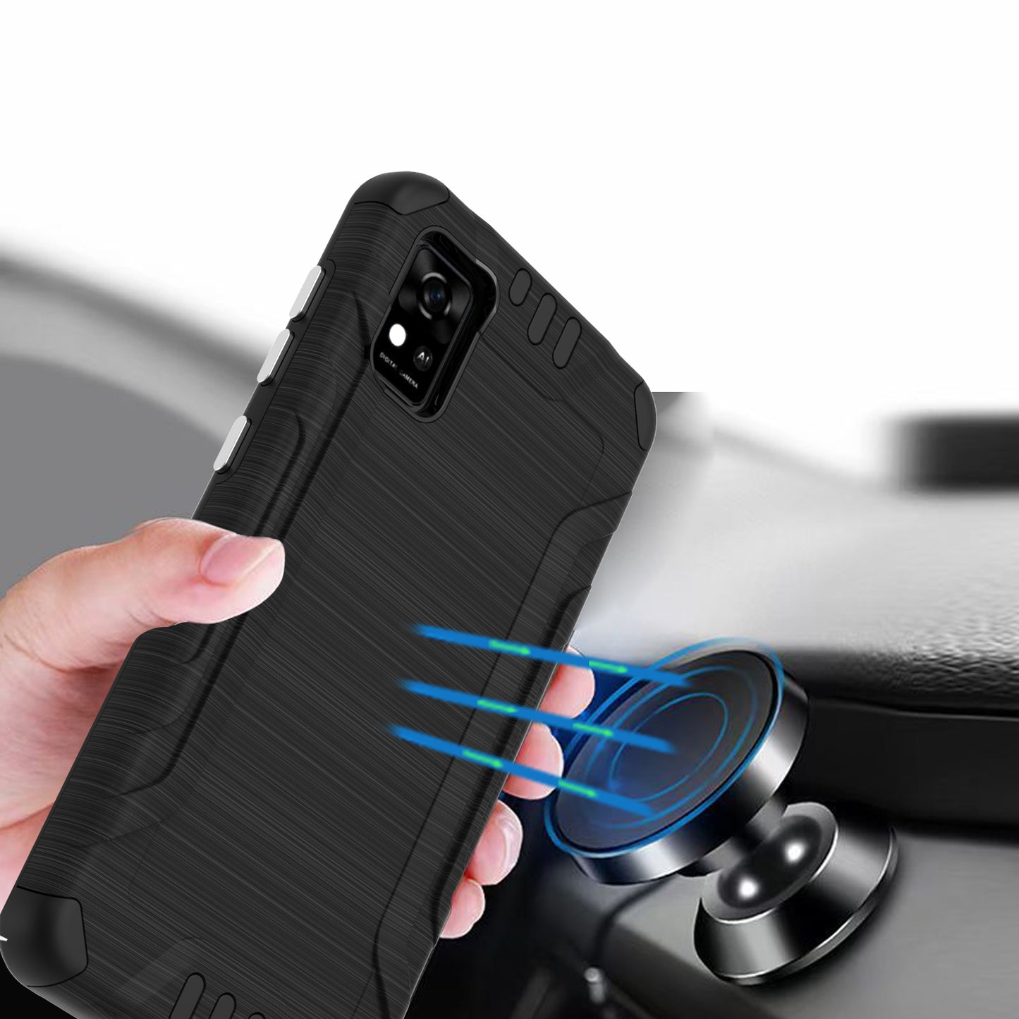 For ZTE Z589, Z5158 Hybrid Dual Layer Slim Defender Armor Tuff Metallic Brush Texture Finishing Shockproof Hard PC + Soft TPU Rubber Phone Case Cover