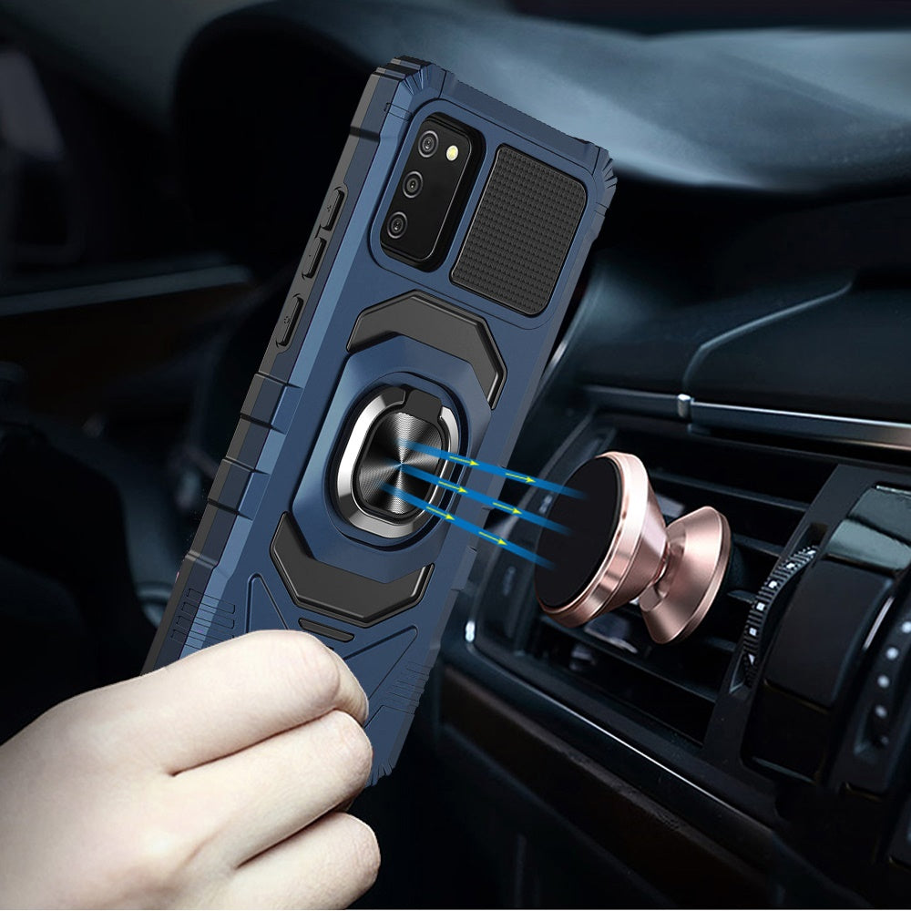 For Samsung Galaxy A03S Hybrid Dual Layer with Rotate Magnetic Ring Stand Holder Kickstand, Rugged Shockproof Protective Blue Phone Case Cover