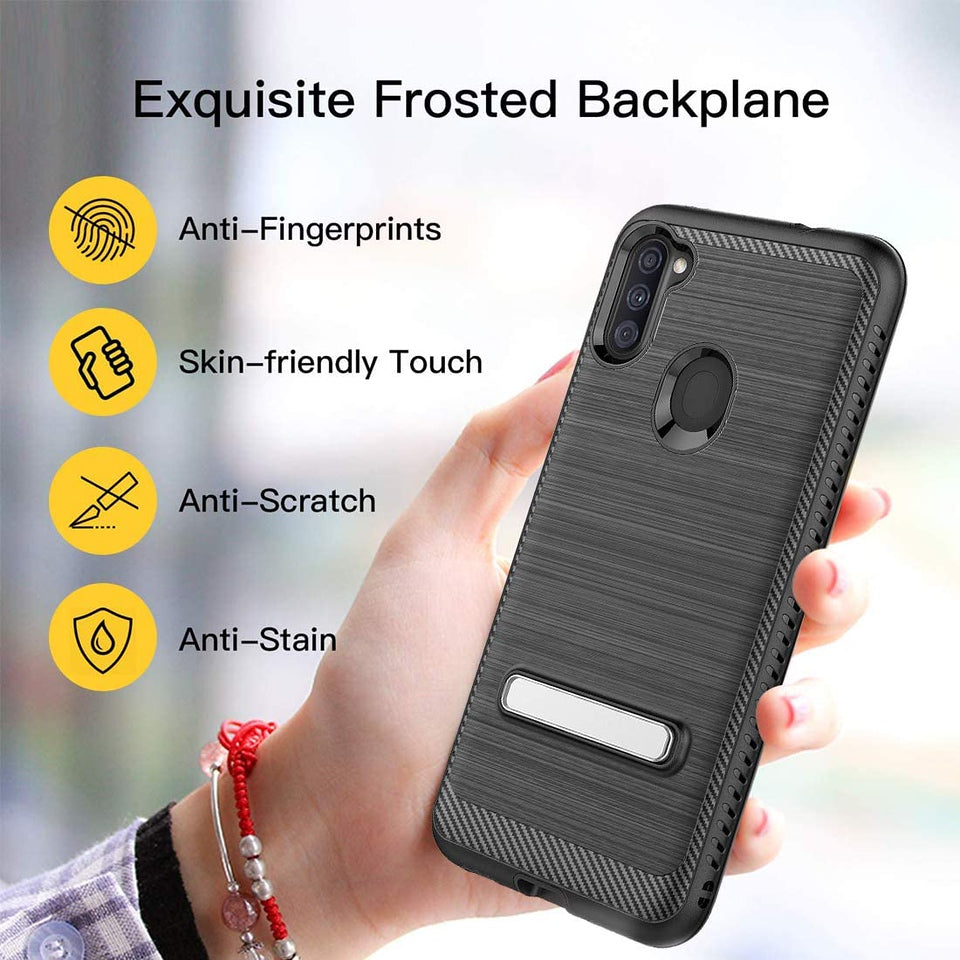 For Samsung Galaxy A02S Slim Brushed Hybrid Shock-Absorption Armor Edged Carbon Fiber with Metal Kickstand Rugged Texture Phone Case Cover