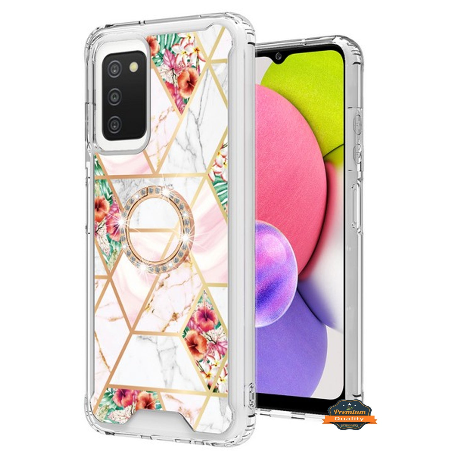 For Samsung Galaxy A13 5G Fashion Design Pattern Flowers Hybrid Ring Kickstand Bling Diamond Hard PC + TPU Phone Case Cover