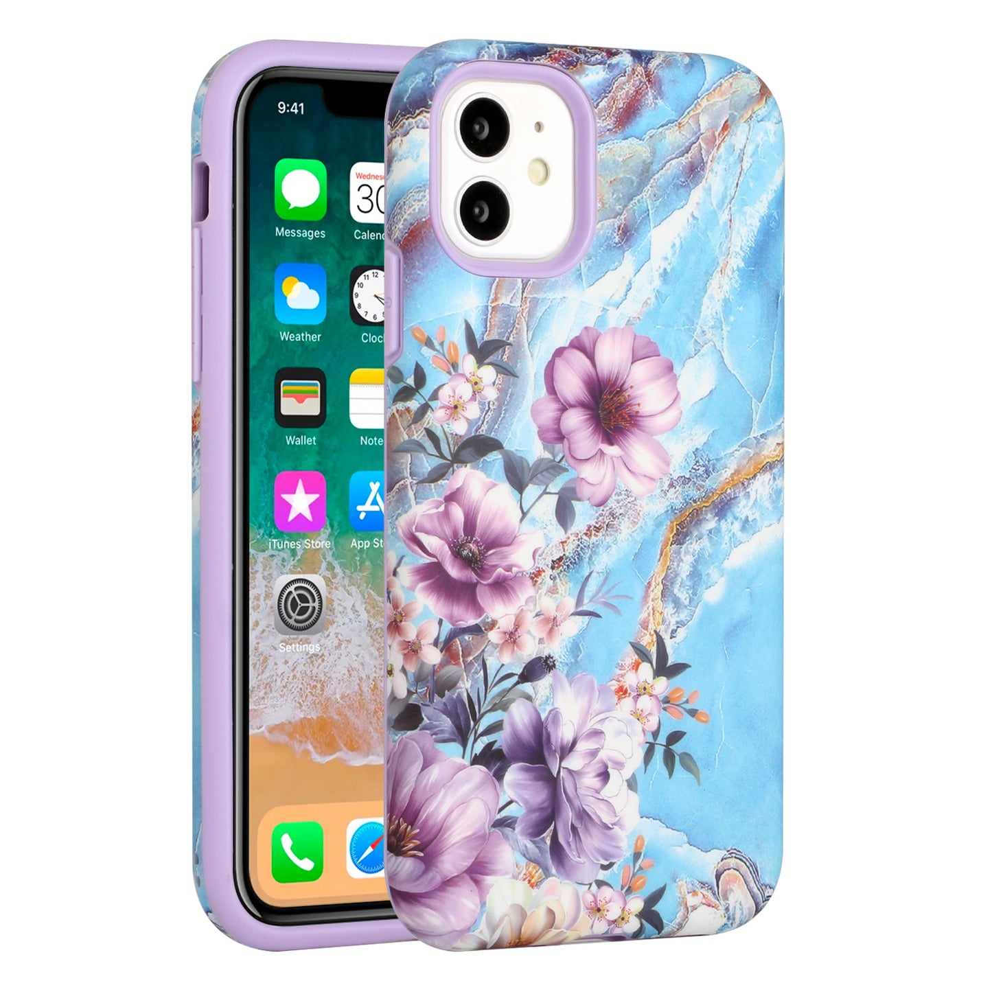 For Apple iPhone 11 (6.1") Bliss Floral Stylish Design Hybrid Rubber TPU Hard PC Shockproof Armor Rugged Slim Fit Phone Case Cover