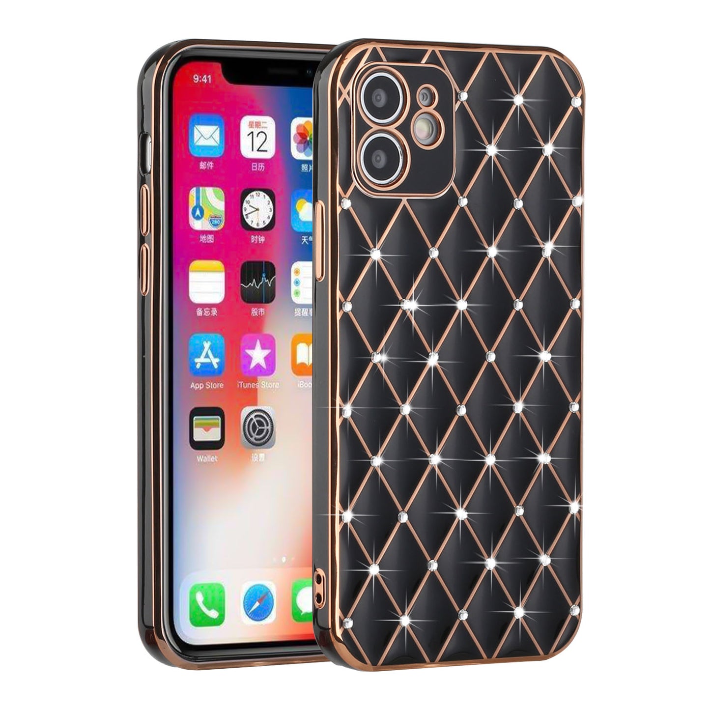 For Apple iPhone 11 (6.1") Luxury Diamonds on Electroplated Grid Design Rhinestone Protective TPU Hard PC Phone Case Cover