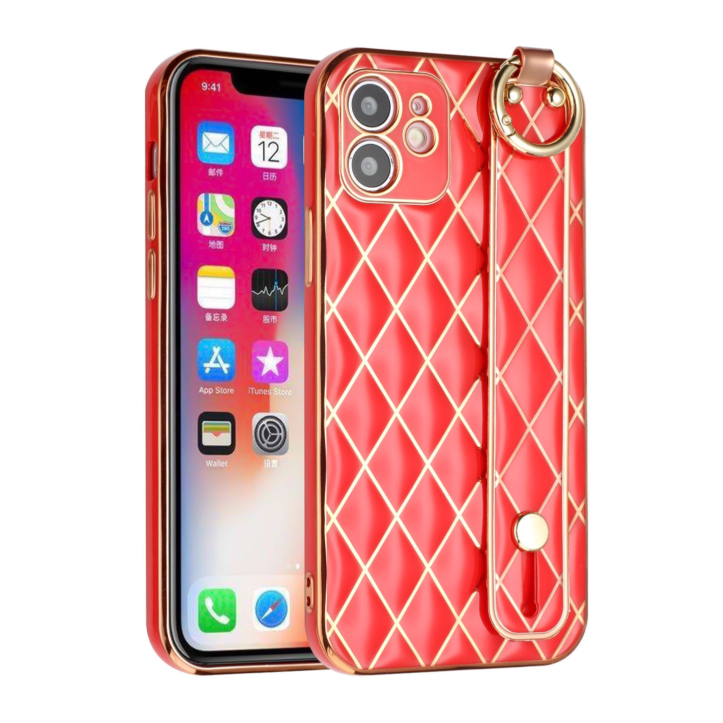For Apple iPhone 11 (6.1") Chromed Grid Design with Strap Holder Fashion Hybrid Rubber TPU Hard PC Slim Fit Phone Case Cover