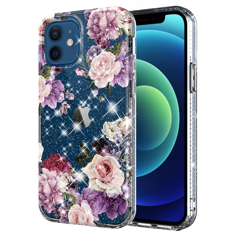 For Apple iPhone 11 /11 Pro Max Slim Hybrid Shiny Glitter Clear Floral Pattern Bloom Flower Design TPU Gel Hard PC Back Phone Case Cover