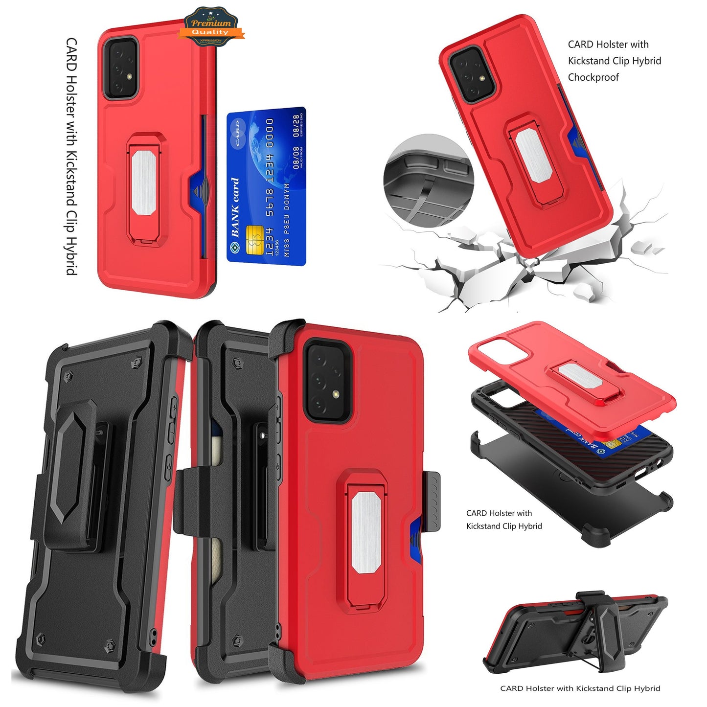 For Samsung Galaxy A12 5G Armor Belt Clip with Credit Card Holder, Holster, Kickstand Protective Full Body Heavy Duty Hybrid Phone Case Cover