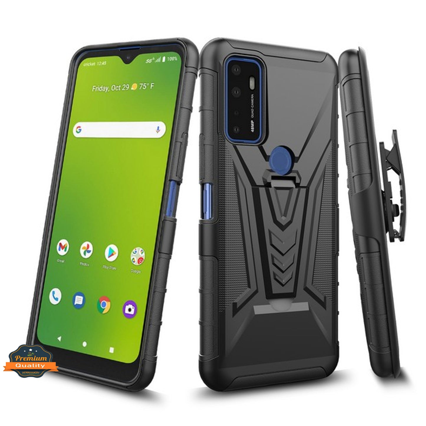 For Cricket Debut Hybrid Armor Kickstand with Swivel Belt Clip Holster Heavy Duty 3 in 1 Defender Shockproof Rugged Phone Case Cover