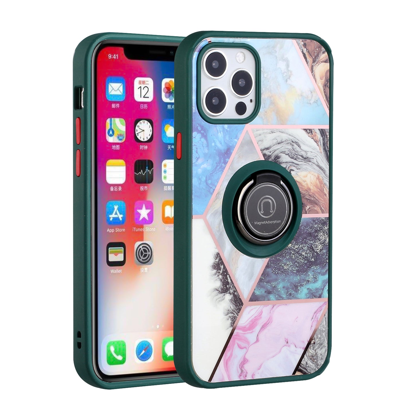 For Apple iPhone SE 2022 /SE 2020/8/7 Unique Marble Design with Magnetic Ring Kickstand Holder Hybrid TPU Shockproof Phone Case Cover